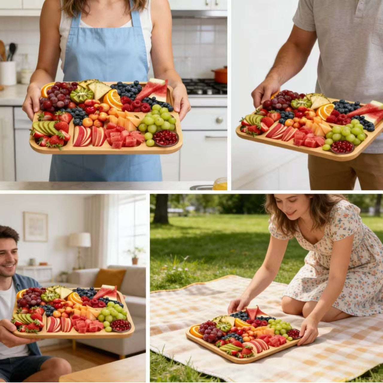 Bamboo Compartment Tray with Clear Lid Snack Storage Box