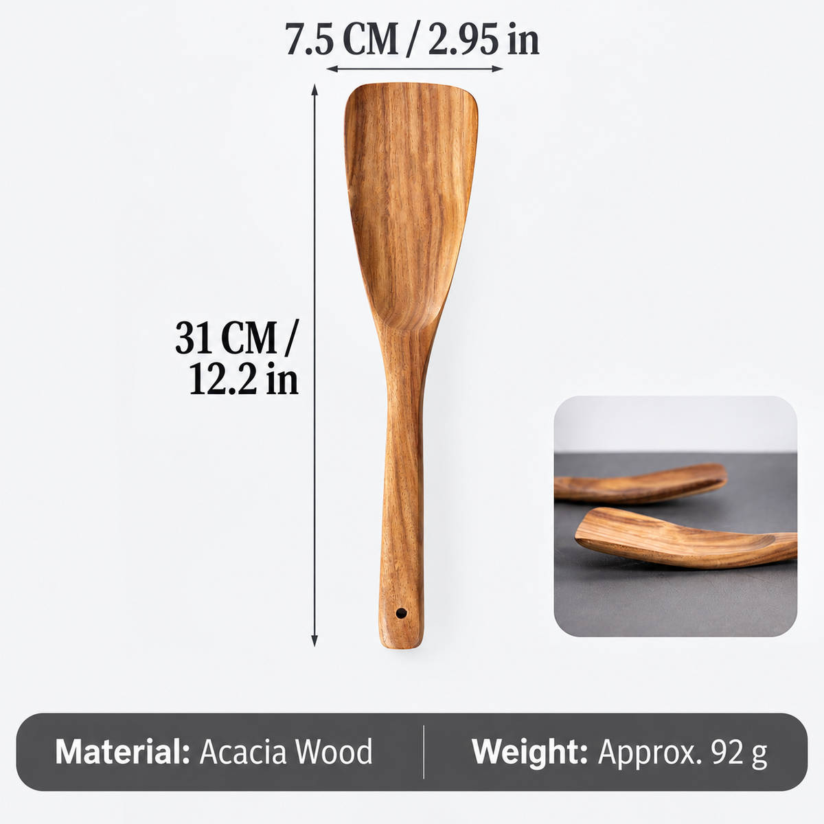 Acacia Wood Cooking Spatula, Deep Curved Wooden Wok Turner