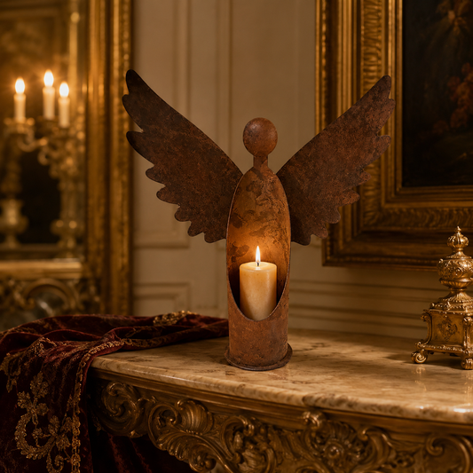 Rustic Angel Candle Holder – Vintage Iron Winged Candle Stand for Christmas, Tabletop, Mantel, Fireplace, Wedding & Home Decor