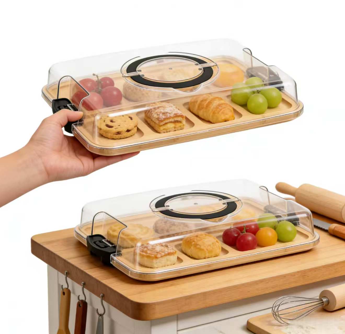 Bamboo Compartment Tray with Clear Lid Snack Storage Box