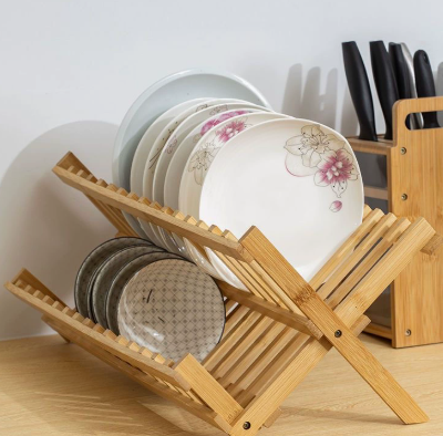 Foldable Bamboo Dish Drying Rack for Kitchen Countertop