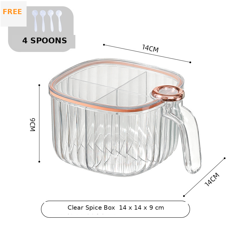 4 Compartment Seasoning Storage Container with Clear Lid and Spoons Kitchen Spice Organizer