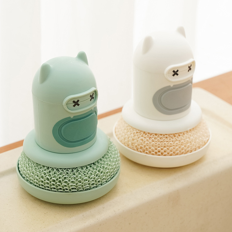 Cute Cartoon Soap Dispensing Dish Brush Press Type Kitchen Cleaning Scrubber