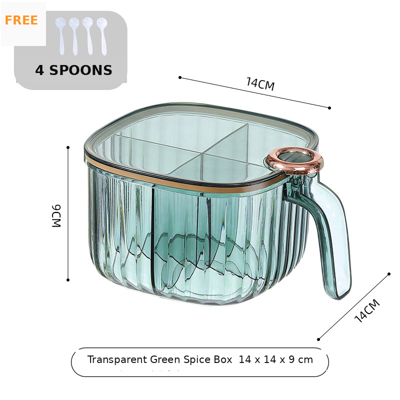 4 Compartment Seasoning Storage Container with Clear Lid and Spoons Kitchen Spice Organizer