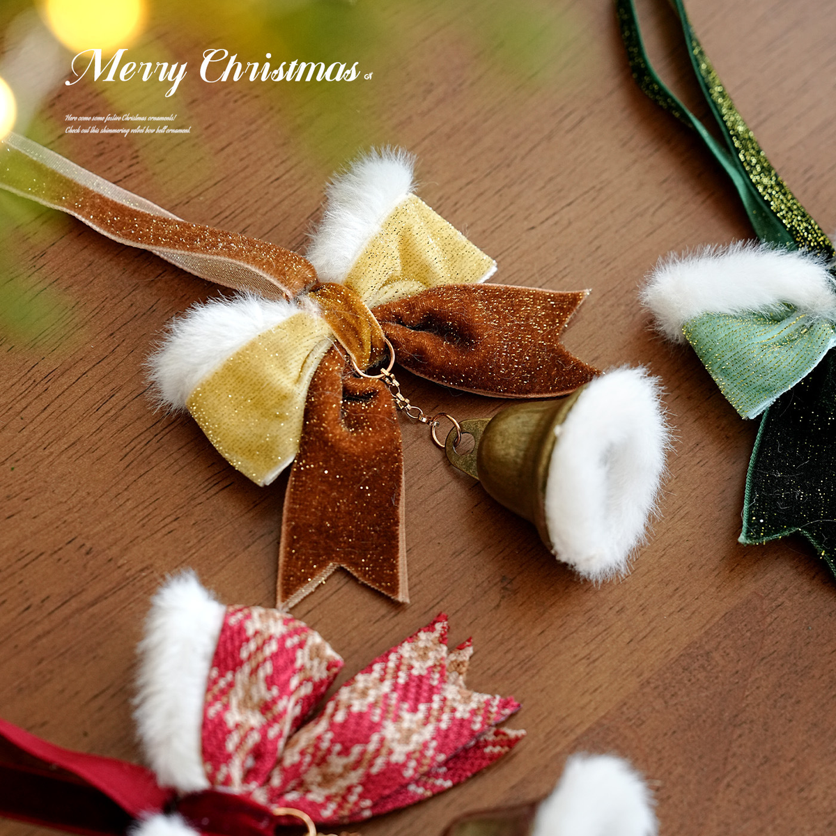 Christmas Velvet Bow Hanging Ornament with Gold Bell