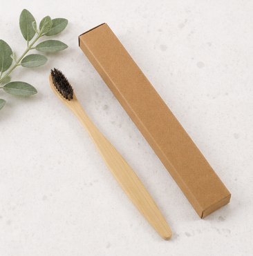 Natural Bamboo Toothbrush with Pig Bristle / Horsehair – Adult Flat-Head Wooden Handle Toothbrush for Sensitive Gums & Deep Cleaning