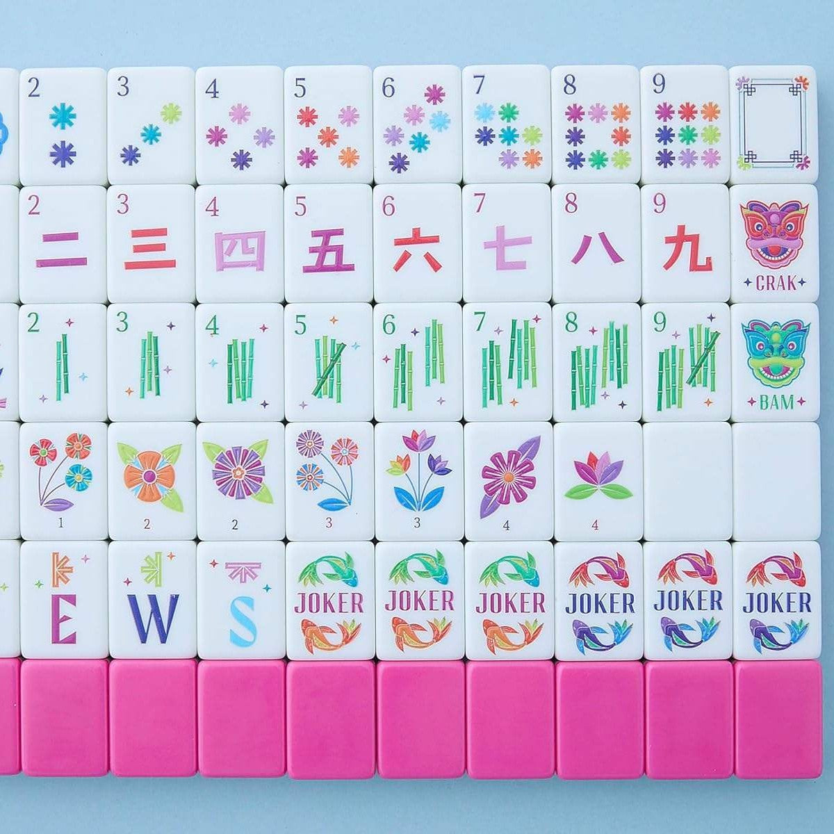 Pink American Mahjong Tiles with Colorful Floral, Bamboo and Joker Designs