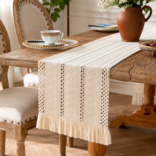 Boho Tassel Table Runner, Cotton Linen Crochet Woven Table Decor for Parties and Home Styling