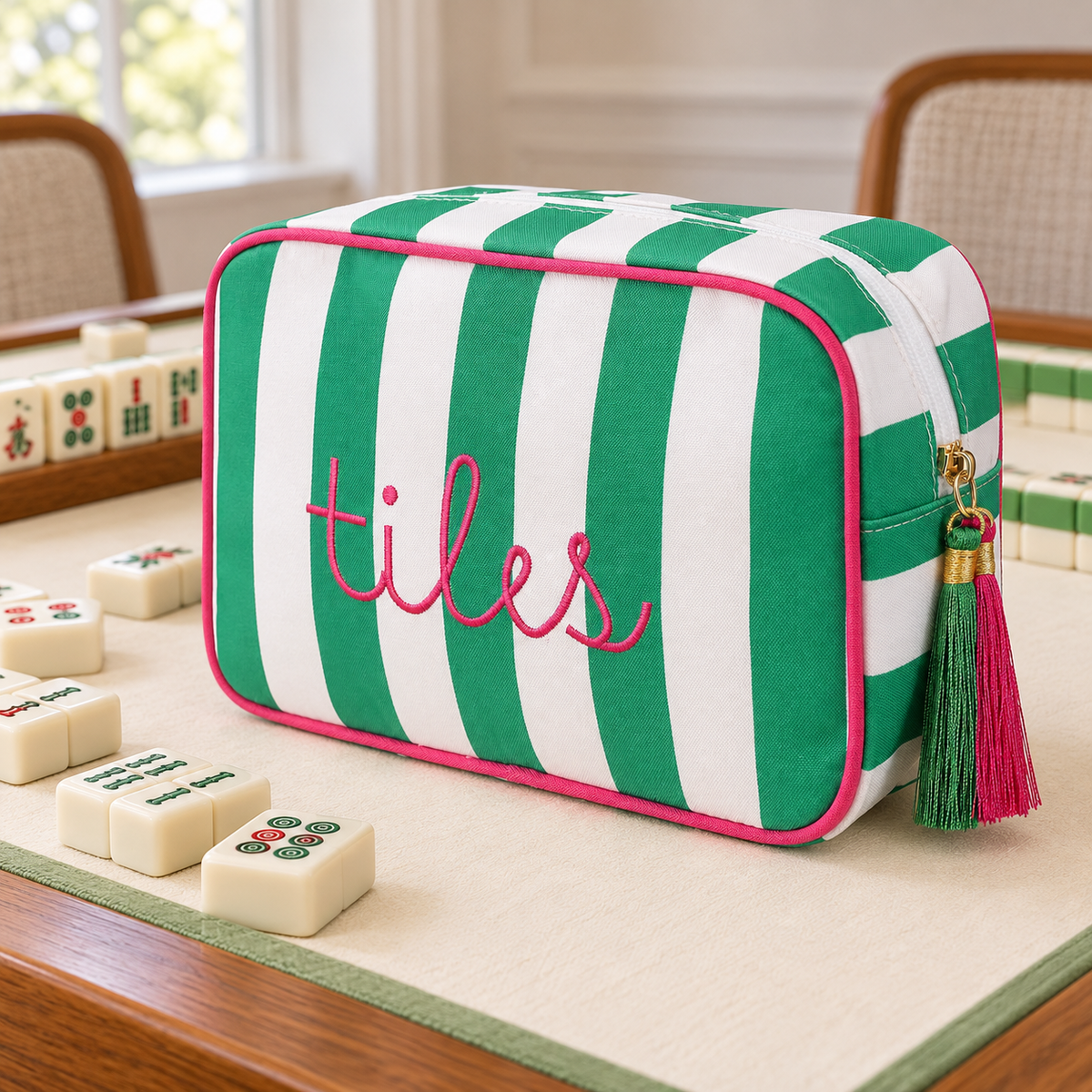Striped Mahjong Tile Storage Bag with Embroidery and Tassel Zipper