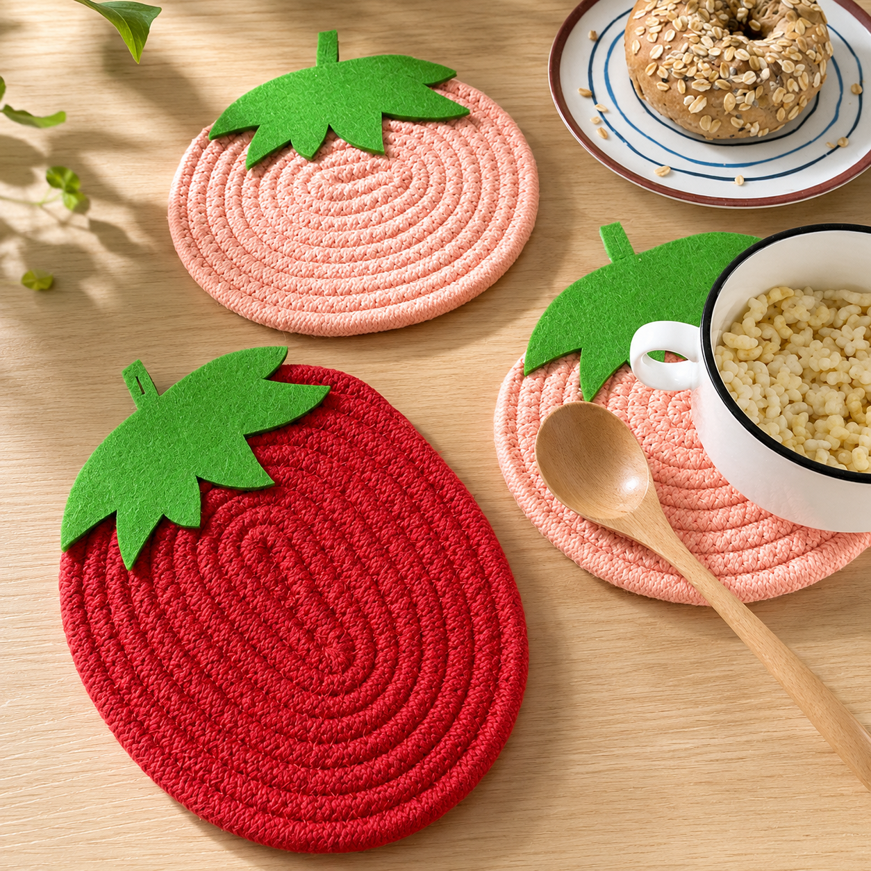 Fruit Shaped Cotton Rope Trivet, Strawberry & Pumpkin Woven Placemat and Non-Slip Coaster