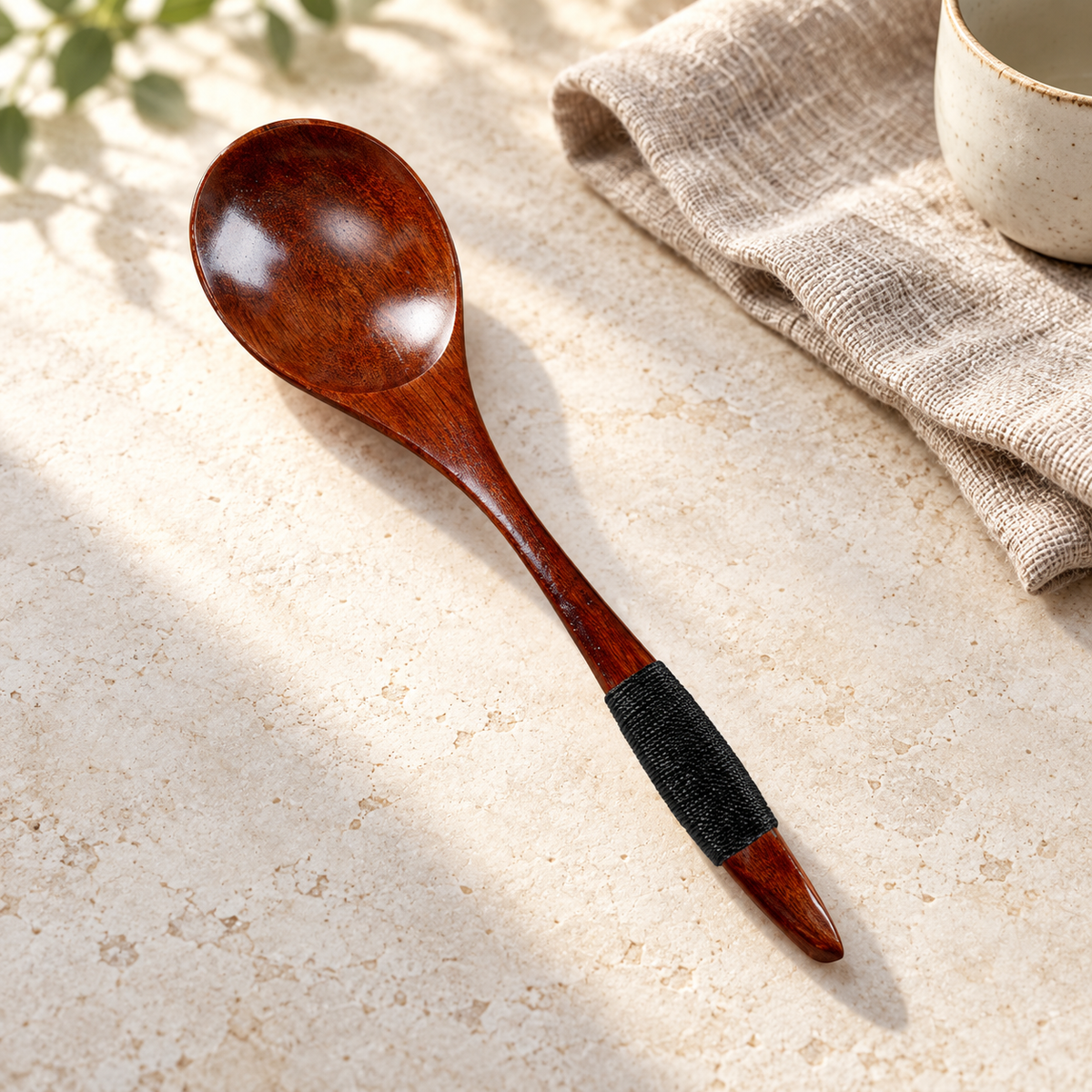 Wide Bowl Nanmu Wood Spoon with Black Cord Handle