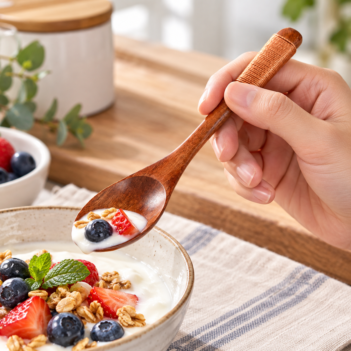 Nanmu Wood Dessert Spoon with Cord Wrapped Handle