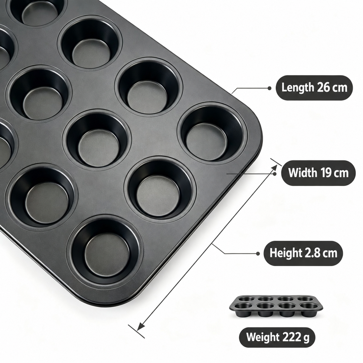12-Cup Metal Muffin Pan, Mini Cupcake Baking Tray, Gold or Black