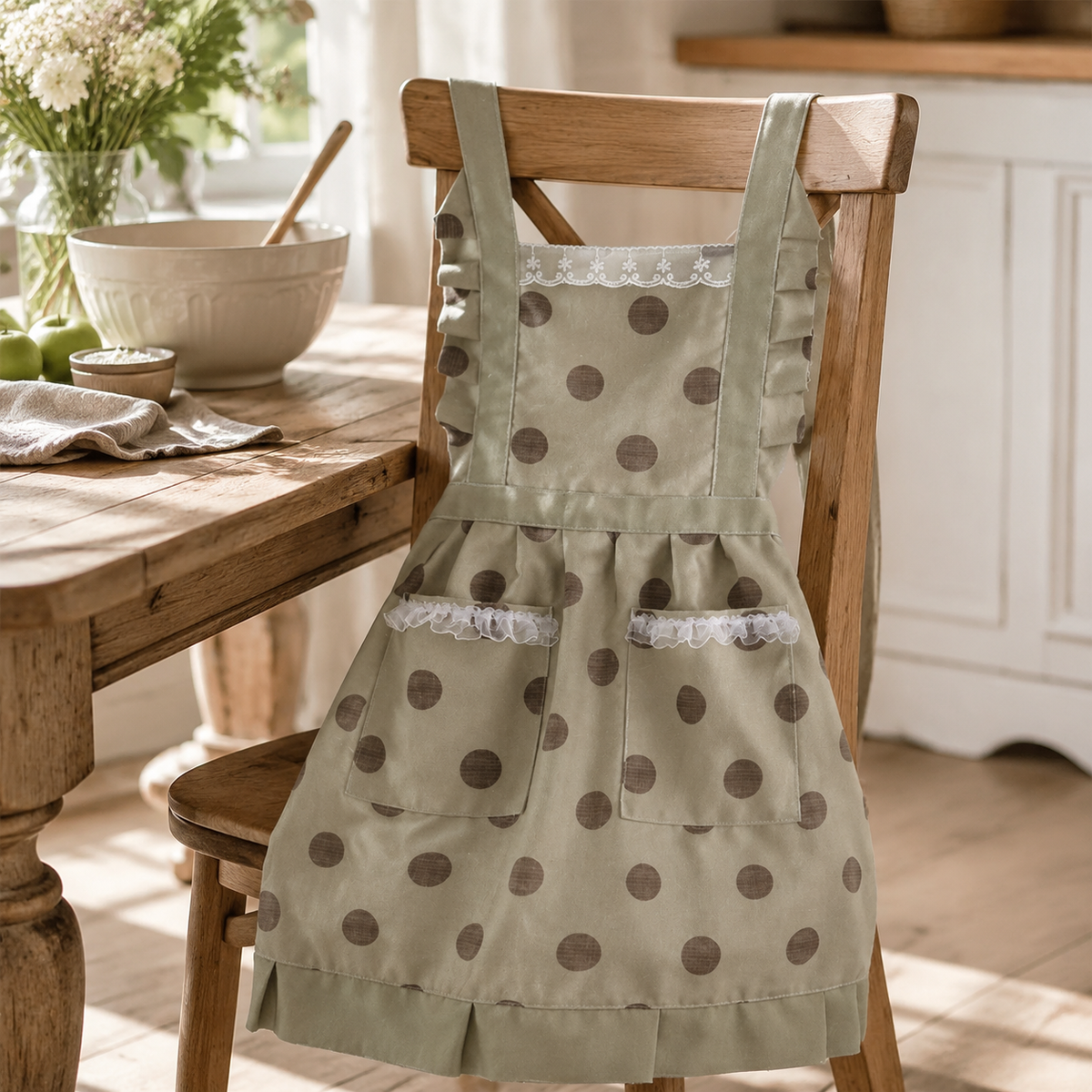 Polka Dot Ruffle Canvas Apron – Women’s Kitchen Apron with Pockets, Vintage Style Baking Cooking Apron for Home & Garden