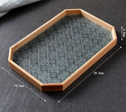 Vintage Begonia Glass Tray with Walnut Wood Base