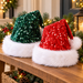 Sequin Santa Hat with White Fluffy Trim for Christmas Parties