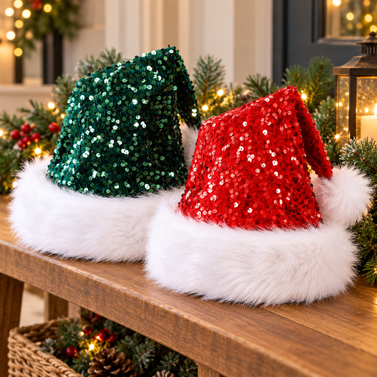 Sequin Santa Hat with White Fluffy Trim for Christmas Parties