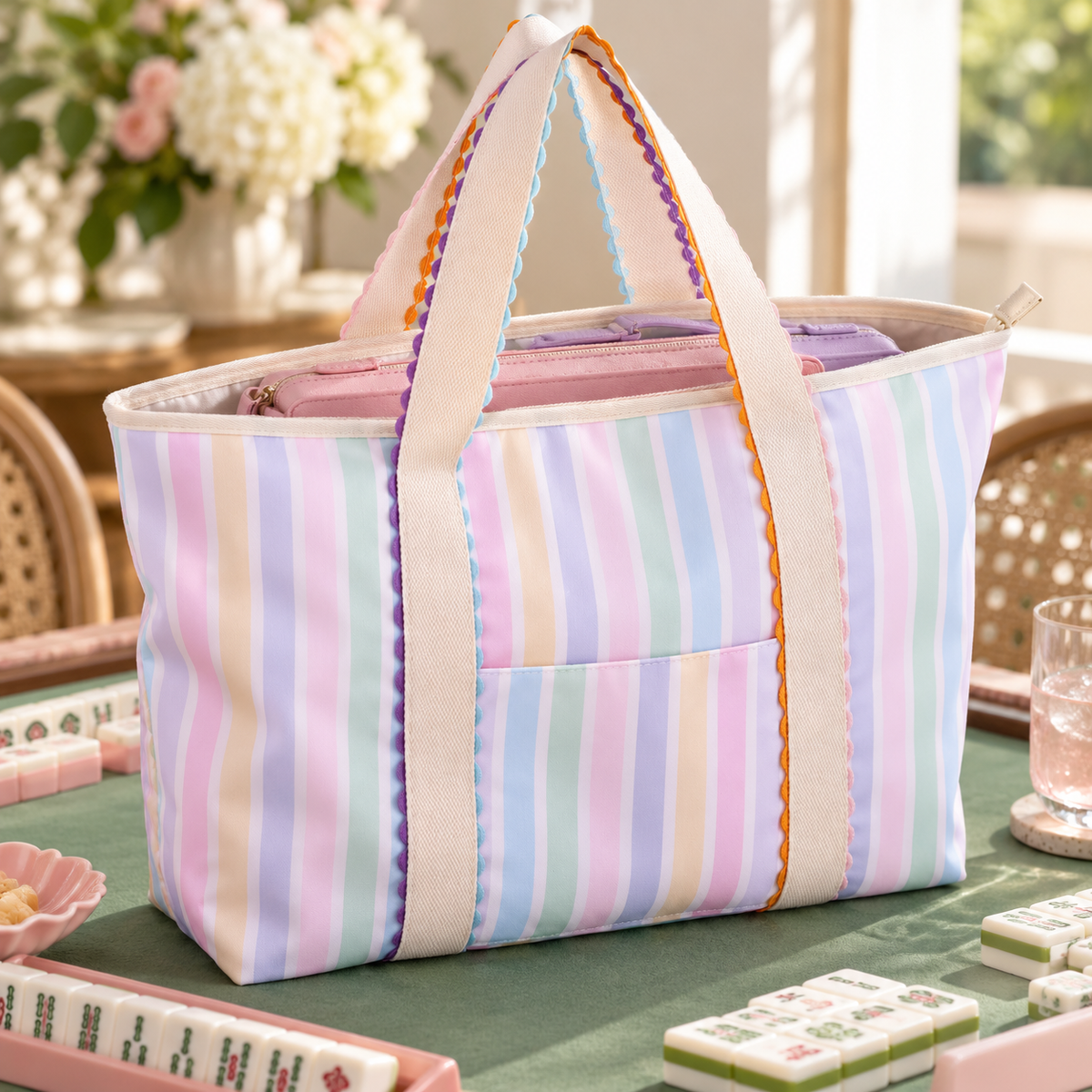 Pastel Striped Mahjong Tote Bag with Ric Rac Trim Handles