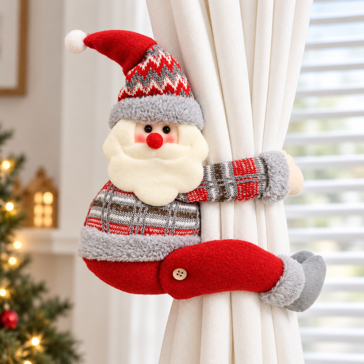 Christmas Plush Curtain Tiebacks Santa Snowman Reindeer Window Decoration