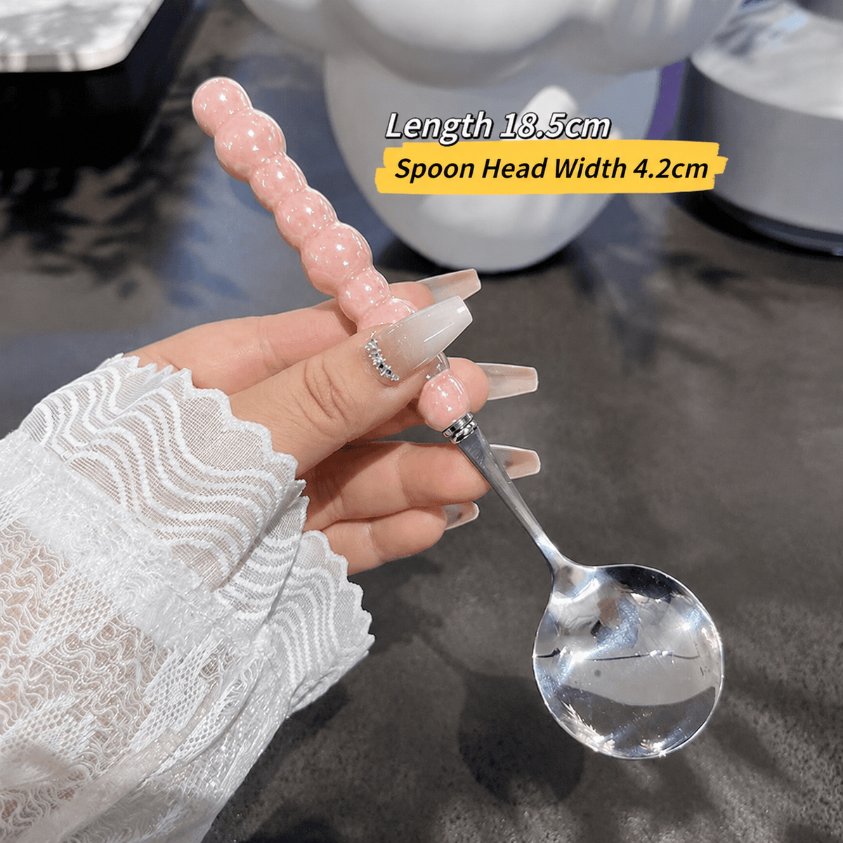 Decorative Stainless Steel Spoon – Beaded Bubble Handle Serving Spoon