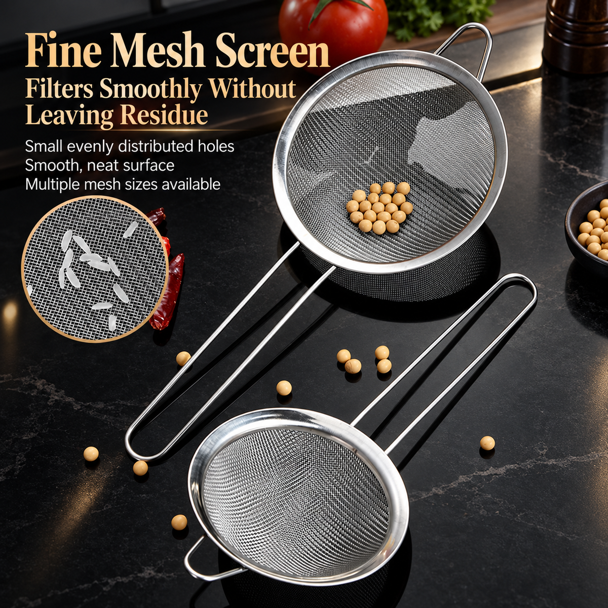 Stainless Steel Fine Mesh Strainer Kitchen Sieve with Long Handle