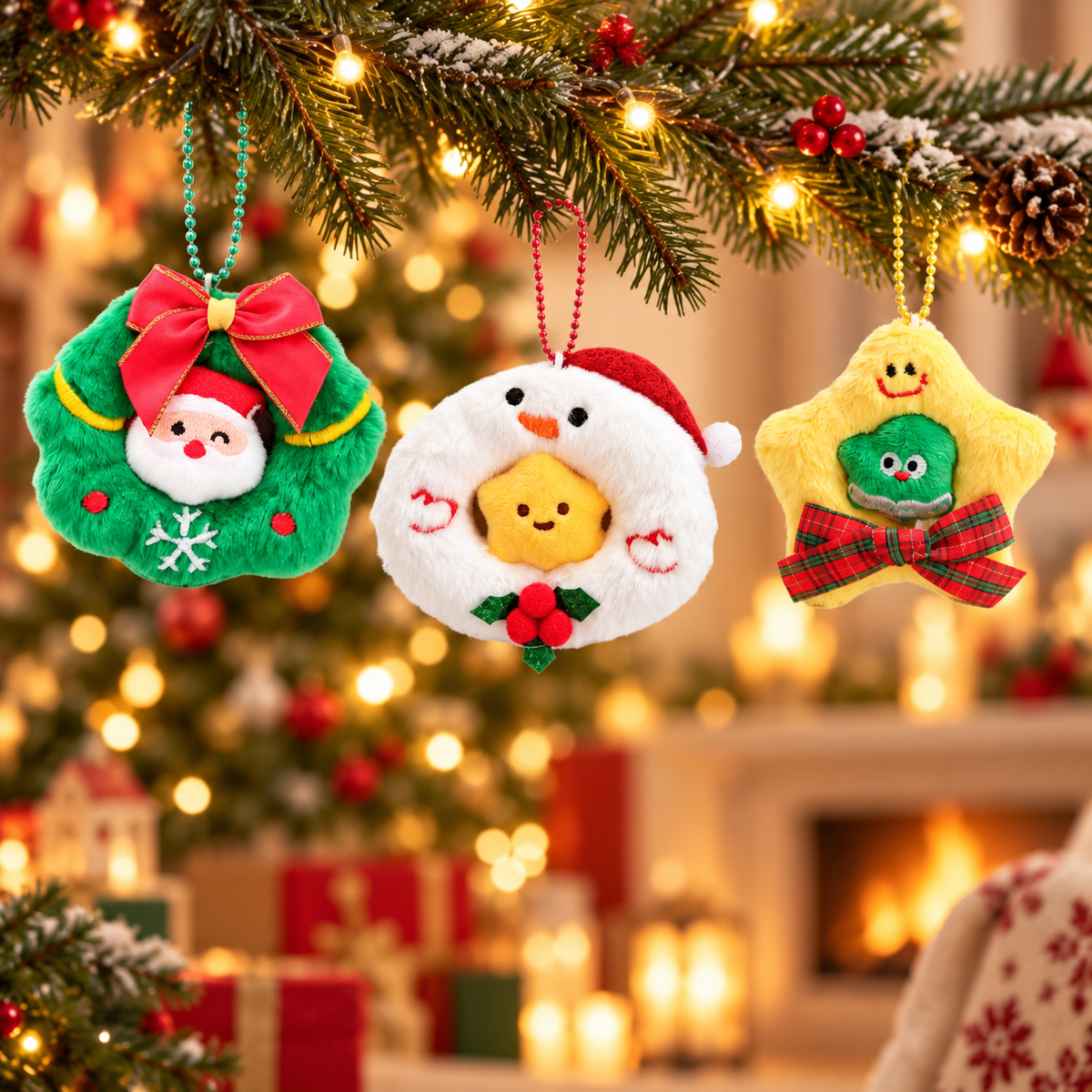 Cute Christmas Plush Wreath Ornament Cartoon Holiday Tree Hanging Decoration