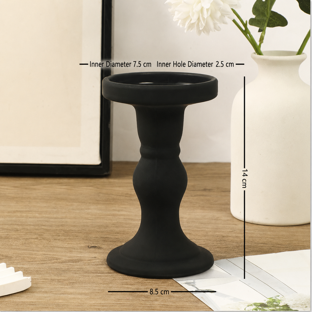 Matte Black Pillar Candle Holder, Retro Roman‑Style Candlestick for Table Decor
