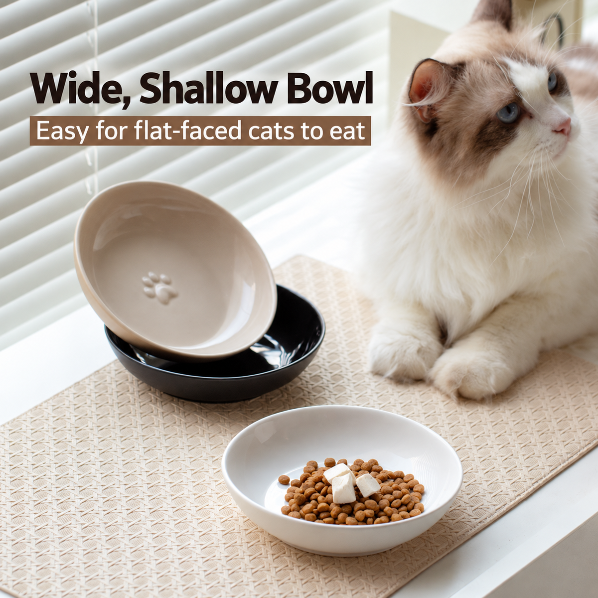 Ceramic Pet Food Bowl, Shallow Paw Print Cat and Dog Feeding Dish