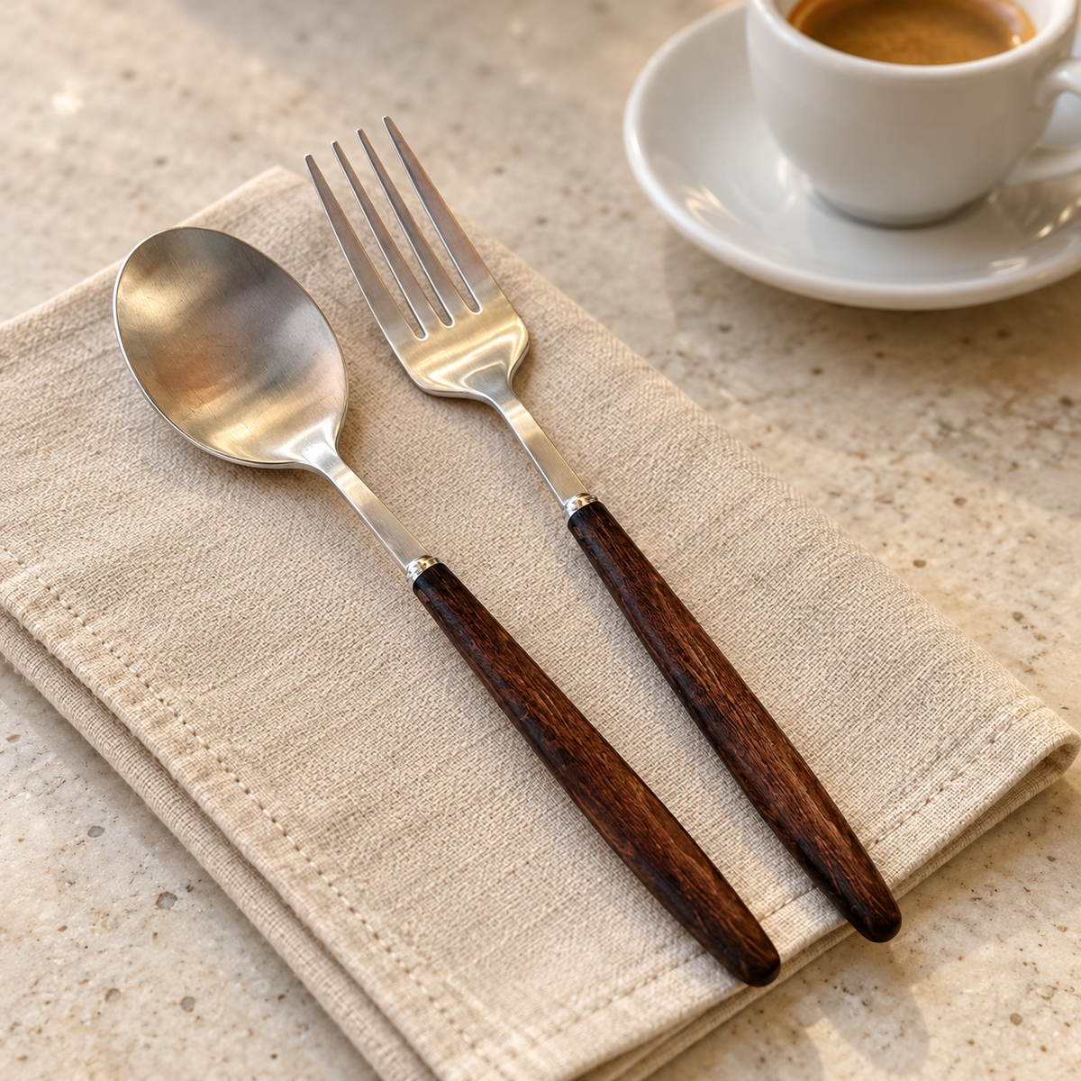 Dark Wood Look Handle Dining Fork and Spoon