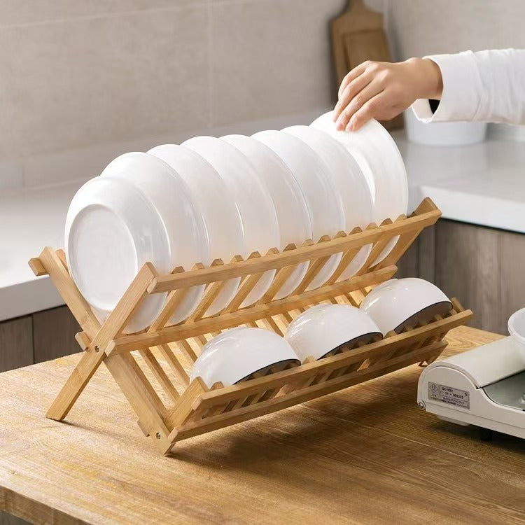 Foldable Bamboo Dish Rack Kitchen Drying Organizer