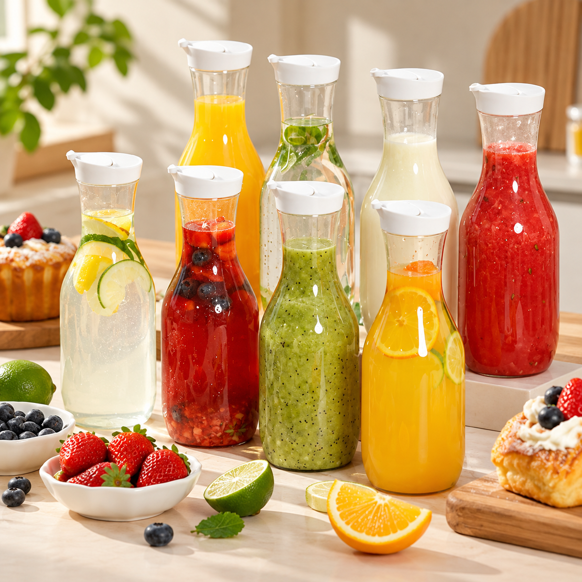 Plastic Juice Carafe with Lid, Leak Resistant Cold Water Pitcher