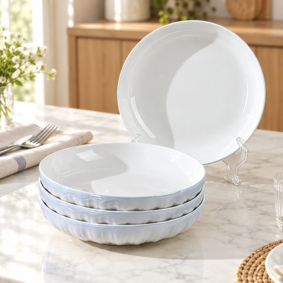 7 Inch Ceramic Dinner Plates Set of 4 – White Porcelain Dessert Plates with Elegant Ripple Edge Design for Kitchen, Dining & Home Decor
