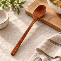 Long Handle Wooden Spoon, Natural Wood Coffee Brown Serving Spoon