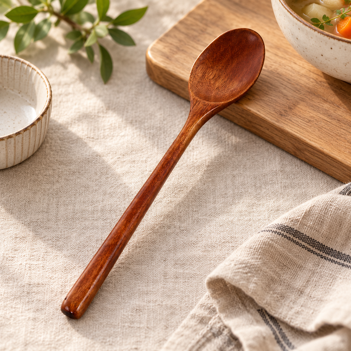 Long Handle Wooden Spoon, Natural Wood Coffee Brown Serving Spoon