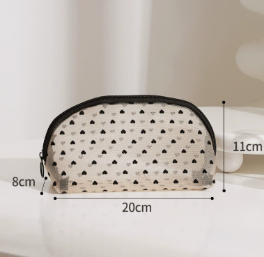 Heart Print Mesh Makeup Bag Large Capacity Portable Cosmetic Organizer Pouch