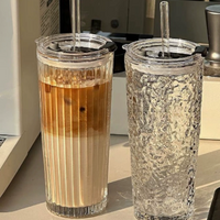Clear Ribbed Glass Coffee Cup with Lid