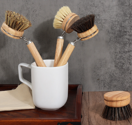 Wooden Handle Dish Cleaning Brush with Replaceable Brush Head