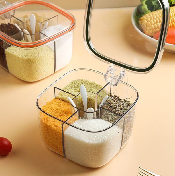 Multi Compartment Clear Seasoning Container with Four Spoons